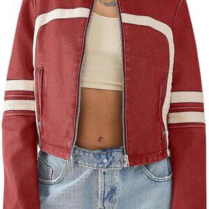 Women’s Faux Leather Jackets Zip Up Stand Collar Cropped Motocross PU Coats